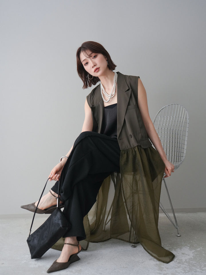 [SET]シアーレイヤードテーラードロングジレ+レーストリムキャミソール+2WAYデザインスウェットパンツ(3set)