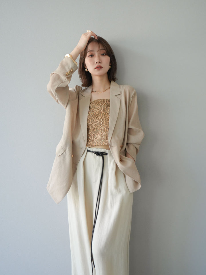 [SET] 金色扣環透視外套 + 滾邊花朵透視天鵝絨吊帶背心 + 繩紋腰帶麻感寬褲 (3 件套)