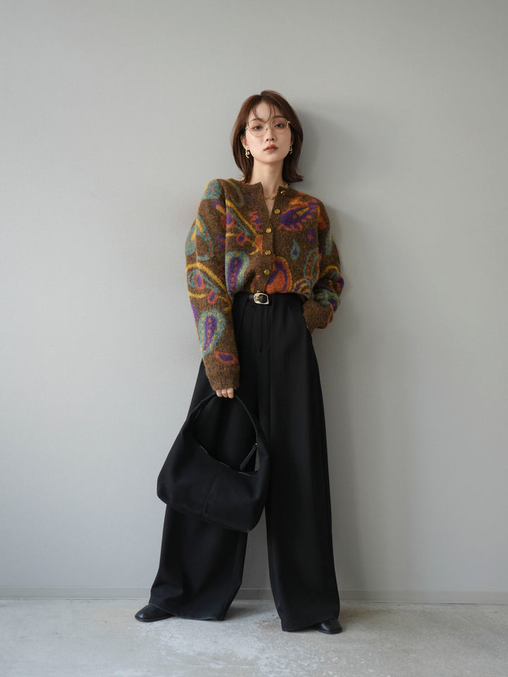 【着回しセット】[SET]求心柄クロップドニットカーディガン+ミックスヤーンペイズリー柄ニットカーディガン+ベルトループデザインワイドパンツ(3set)