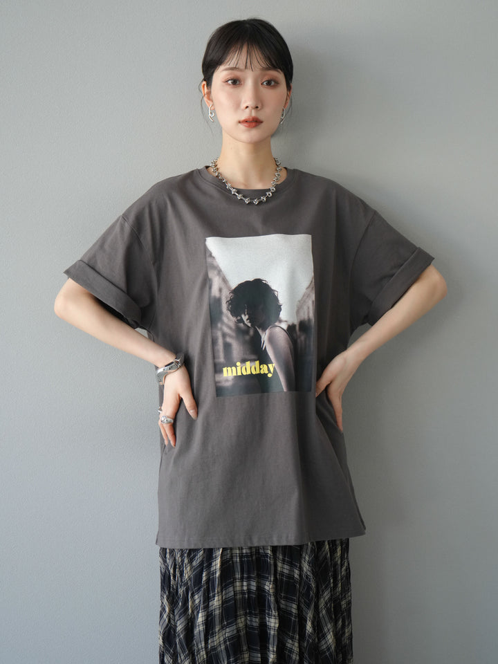 [SET]ネオンロゴフォトプリントBIG Tシャツ+シアーチェックアシンメトリーワッシャースカート(2set)