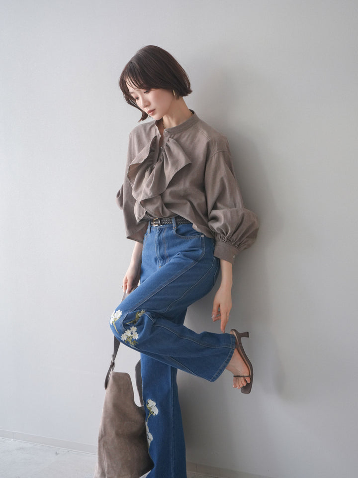 [SET]ラッフルフレアショートブラウス+フラワー刺繍ストレートデニム(2set)