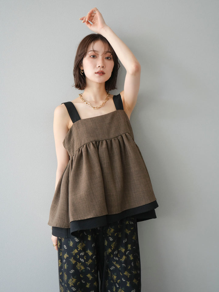[SET]リネンライク配色フレアタンクトップ+コード刺繍チュールレイヤードパンツ+ブーケプリントタックパンツ(3set)