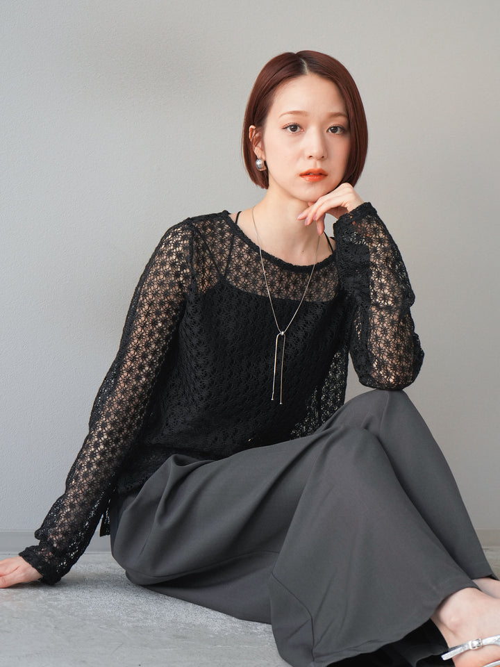 [予約]透かし編みトップス/ブラック