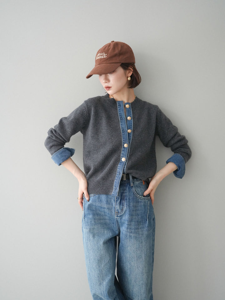 [SET]クルーネックデニムドッキングニットカーディガン+選べるアクセセット(2set)