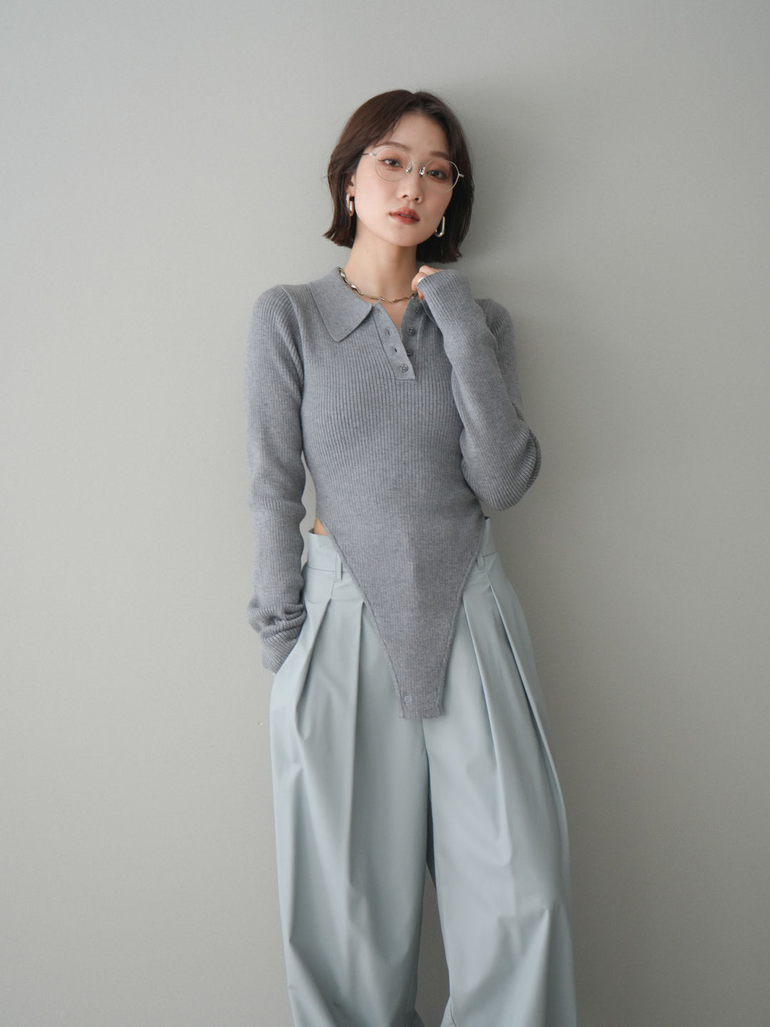 [予約]リブポロニットボディスーツ/mokugray