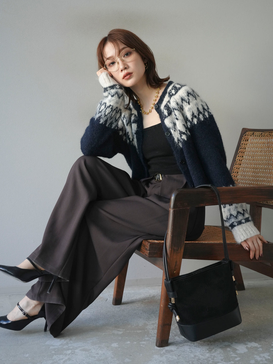 【着回しセット】[SET]求心柄クロップドニットカーディガン+ミックスヤーンペイズリー柄ニットカーディガン+ベルトループデザインワイドパンツ(3set)