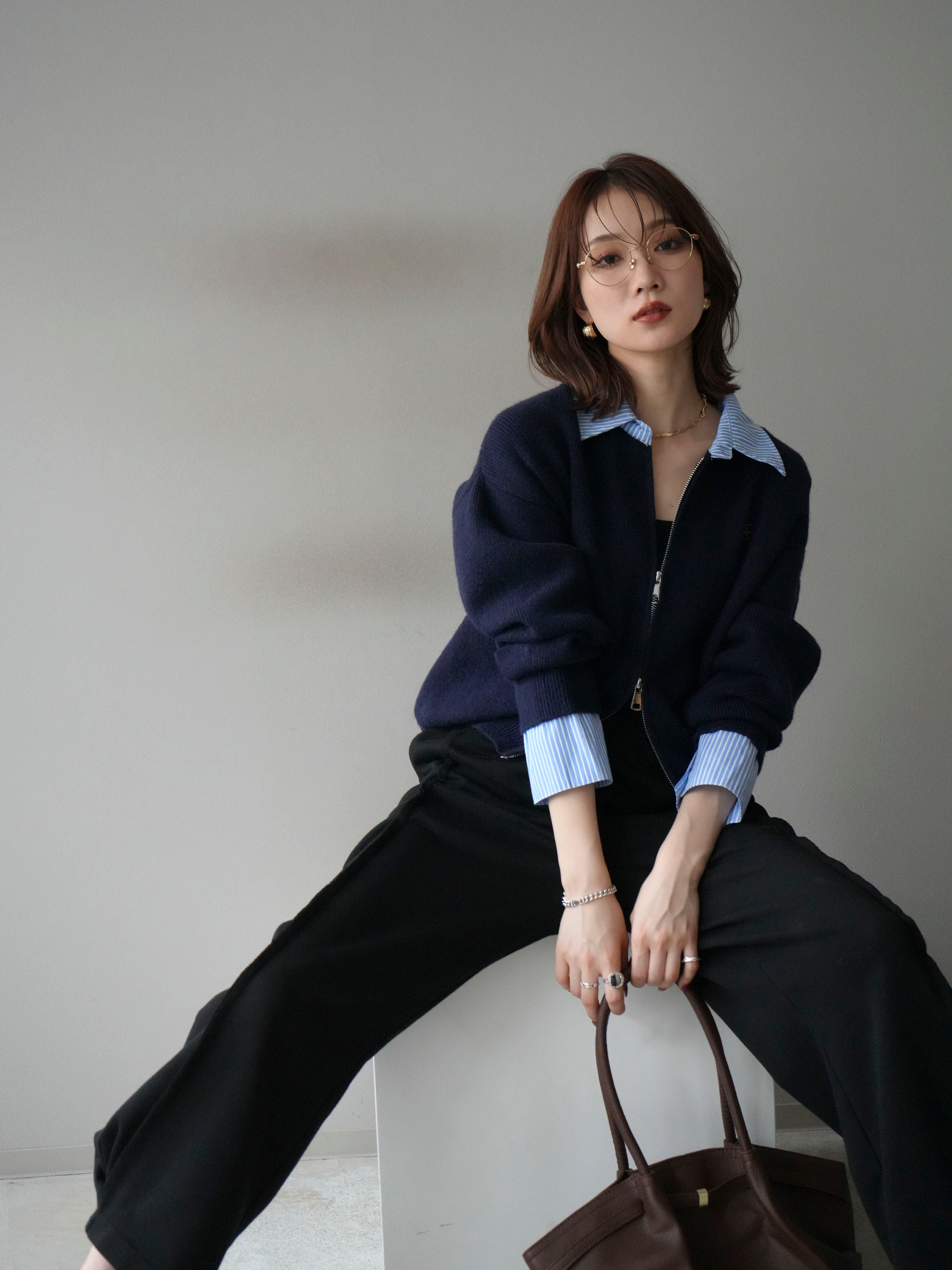 LANVIN ネイビー ストライプ ニット　シャツ　カーディガン　セーター シャツトリムニットコンビカーディガン | LANVIN en Bleu (Women