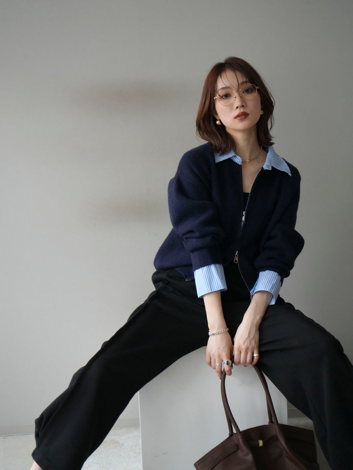 [予約]ストライプシャツレイヤードZIPニットカーディガン/navy
