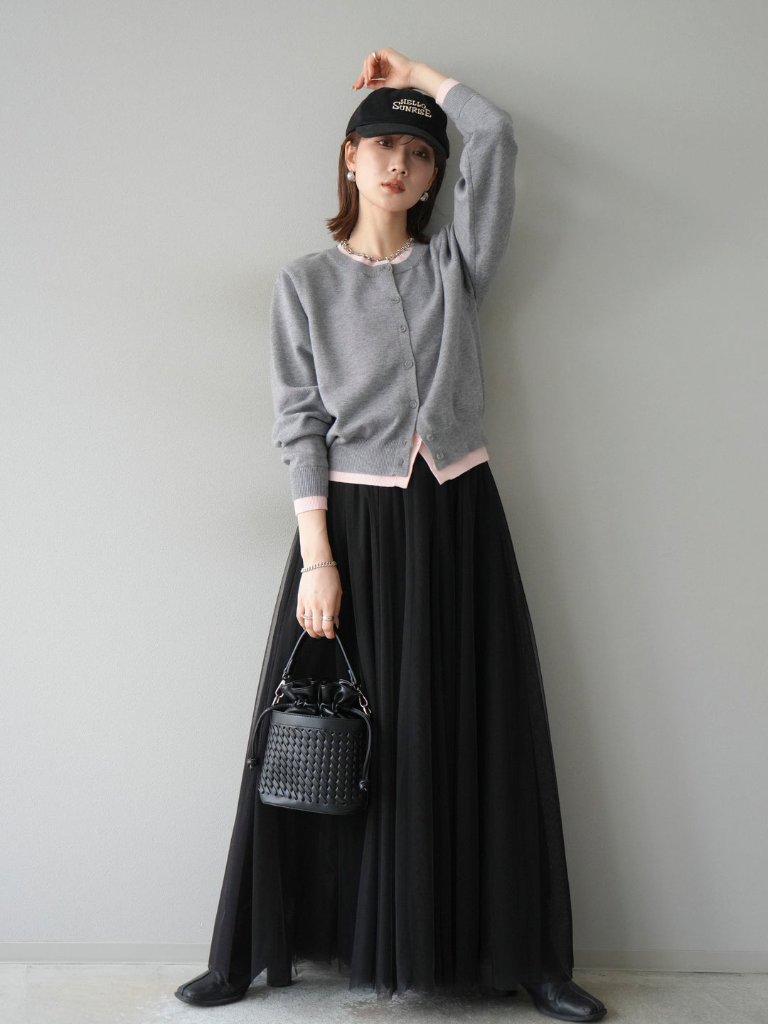 【預購】顏色協調的多層開襟衫/灰色