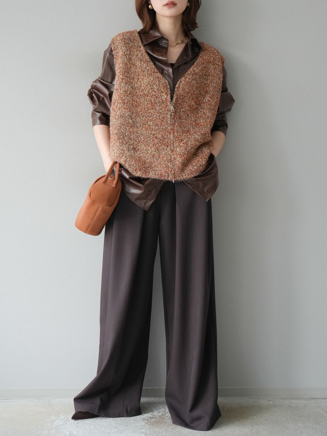 [予約]フェイクレザーシャツ/ブラウン