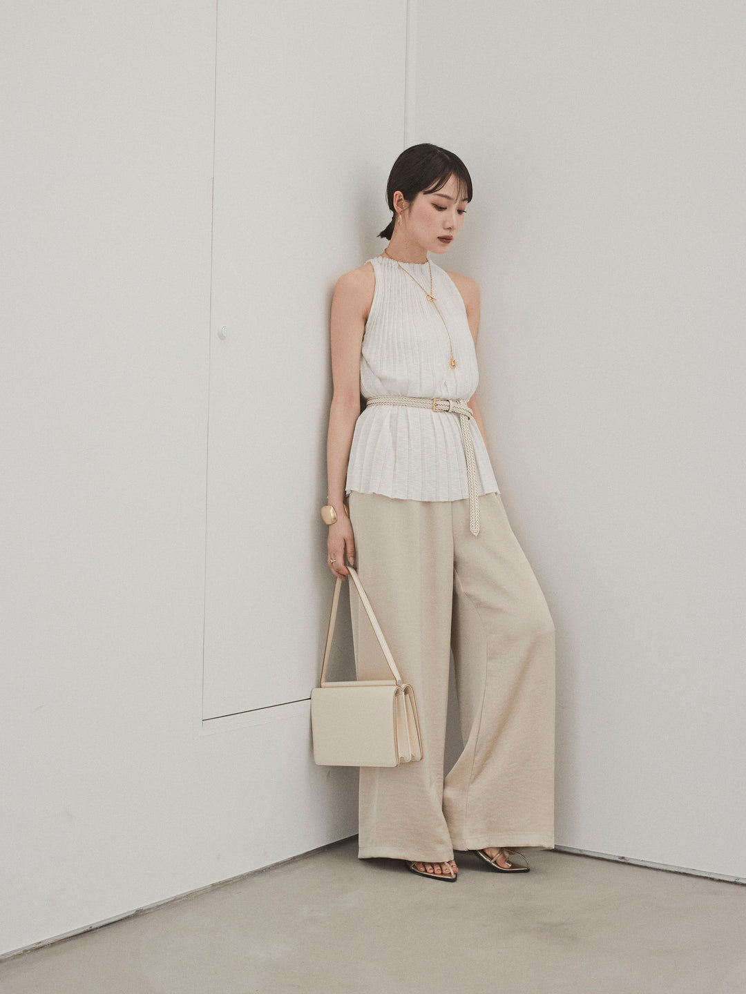 [SET]プリーツニットキャミソール+サテンイージーパンツ(2set)