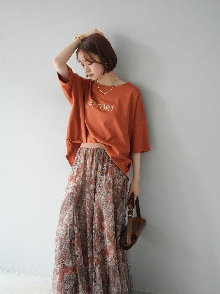 [予約]異素材メタリックロゴ刺繍×プリントTシャツ/オレンジ
