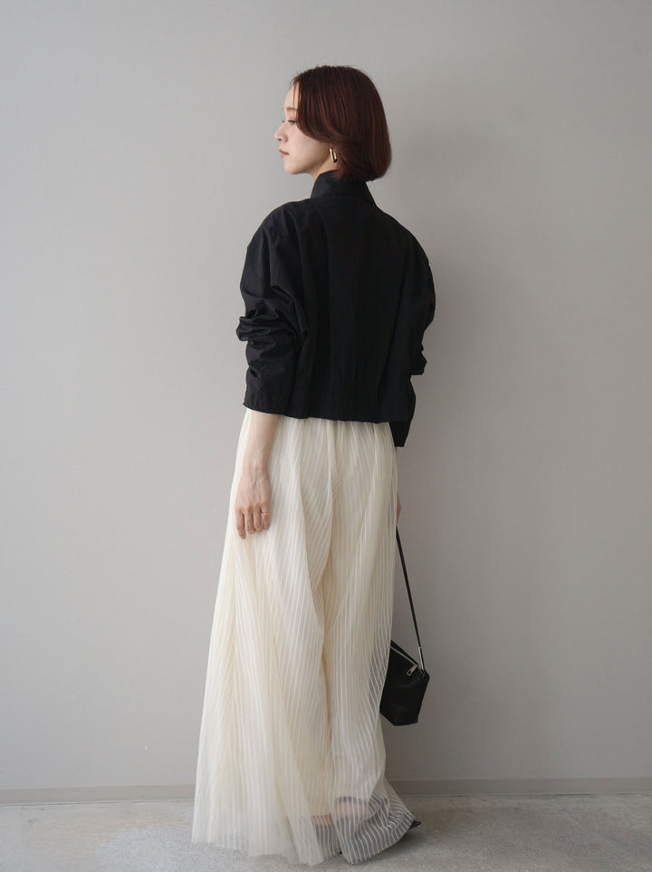 [SET]ボウタイ裾プリーツライトジャケット+ストライプチュールボリュームバギーパンツ(2set)