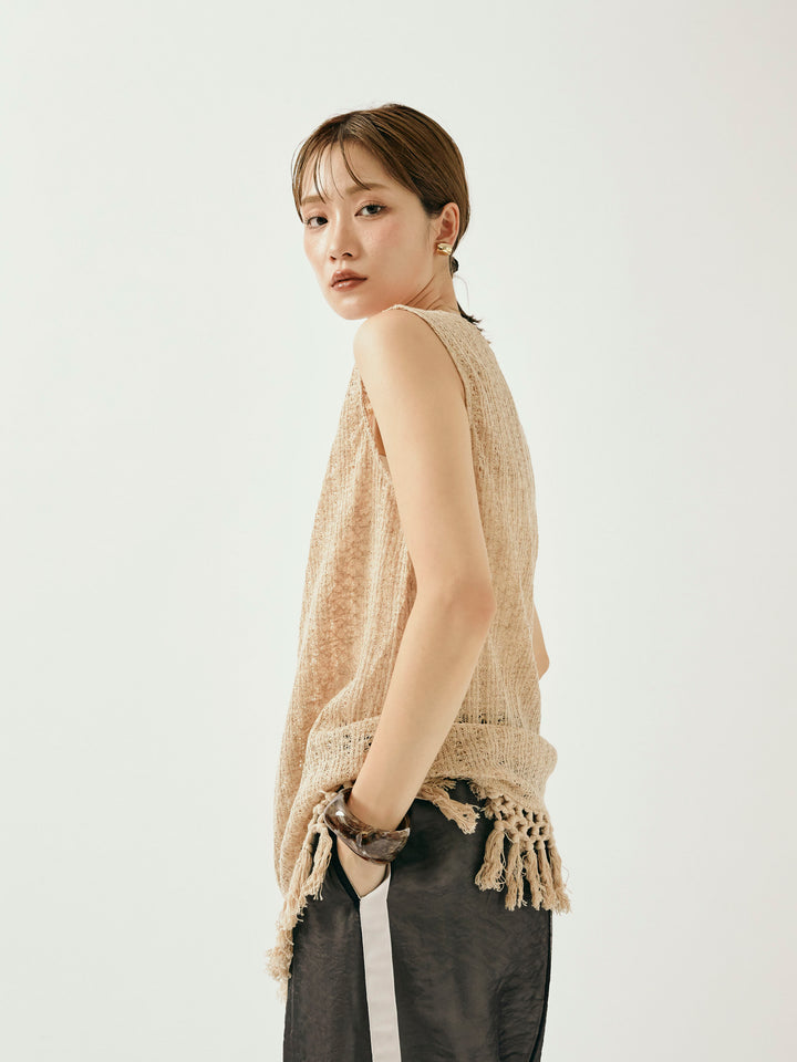 [予約]フリンジ透かし編みニットベスト/ベージュ