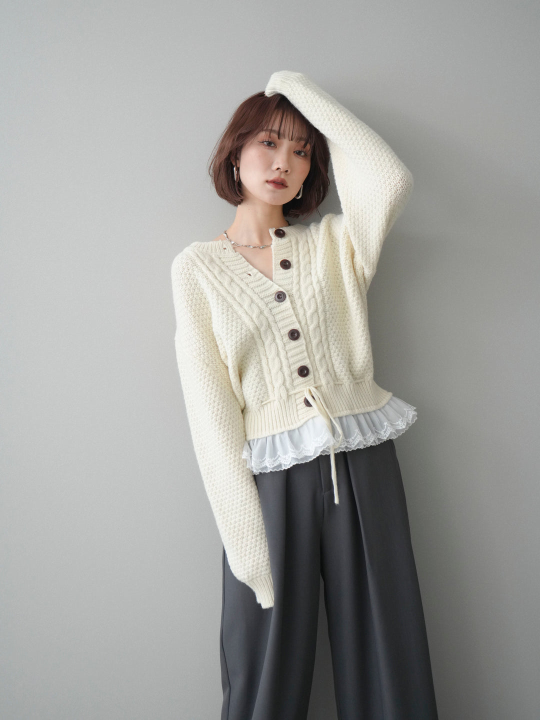 [SET]裾レースケーブルニットカーディガン+ベルトループデザインワイドパンツ(2set)