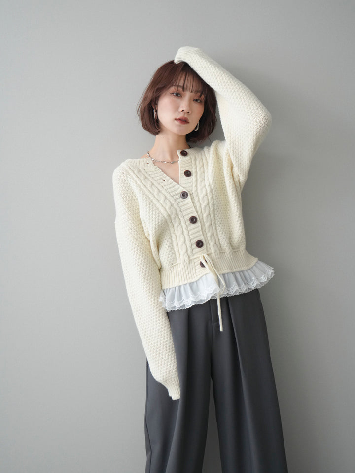 [SET]裾レースケーブルニットカーディガン+ベルトループデザインワイドパンツ(2set)