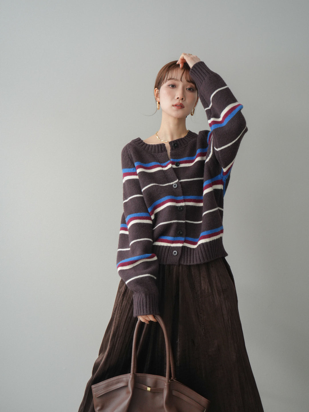 [予約]ランダムボーダーニットカーディガン/brown