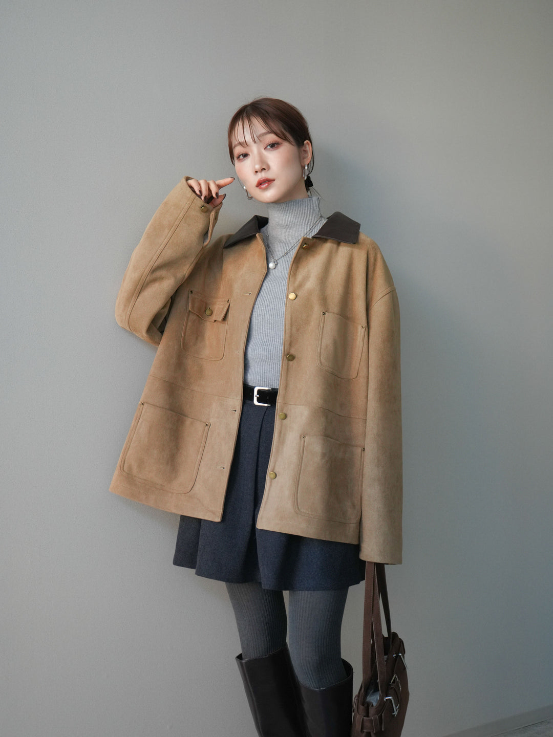 [SET]襟レザーステンカラースエードジャケット+選べるアクセセット(2set)