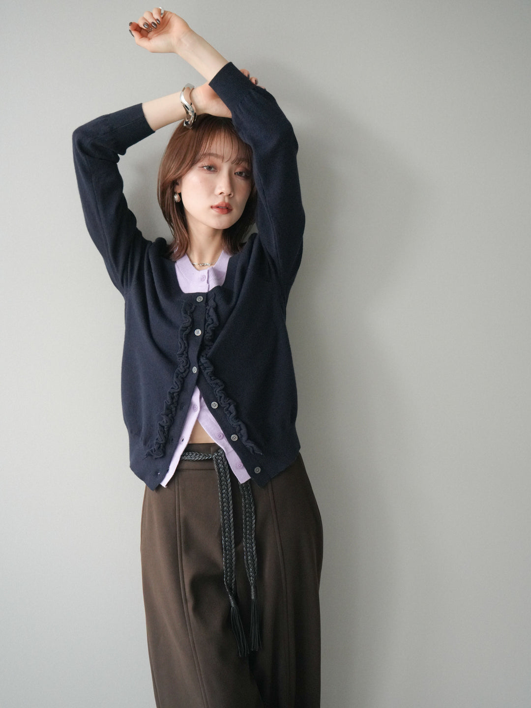 [予約]配色レイヤードフリルデザインニットカーディガン/black