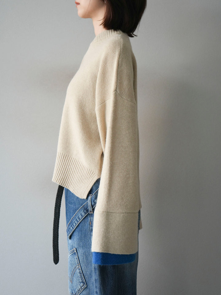 [予約]袖レイヤード配色ニットプルオーバー/ivory