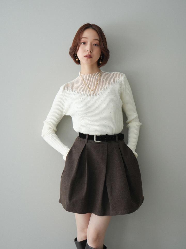 [SET]シアー切替スパンコールリブニットトップス+ベルト付きタックミニスカート(2set)