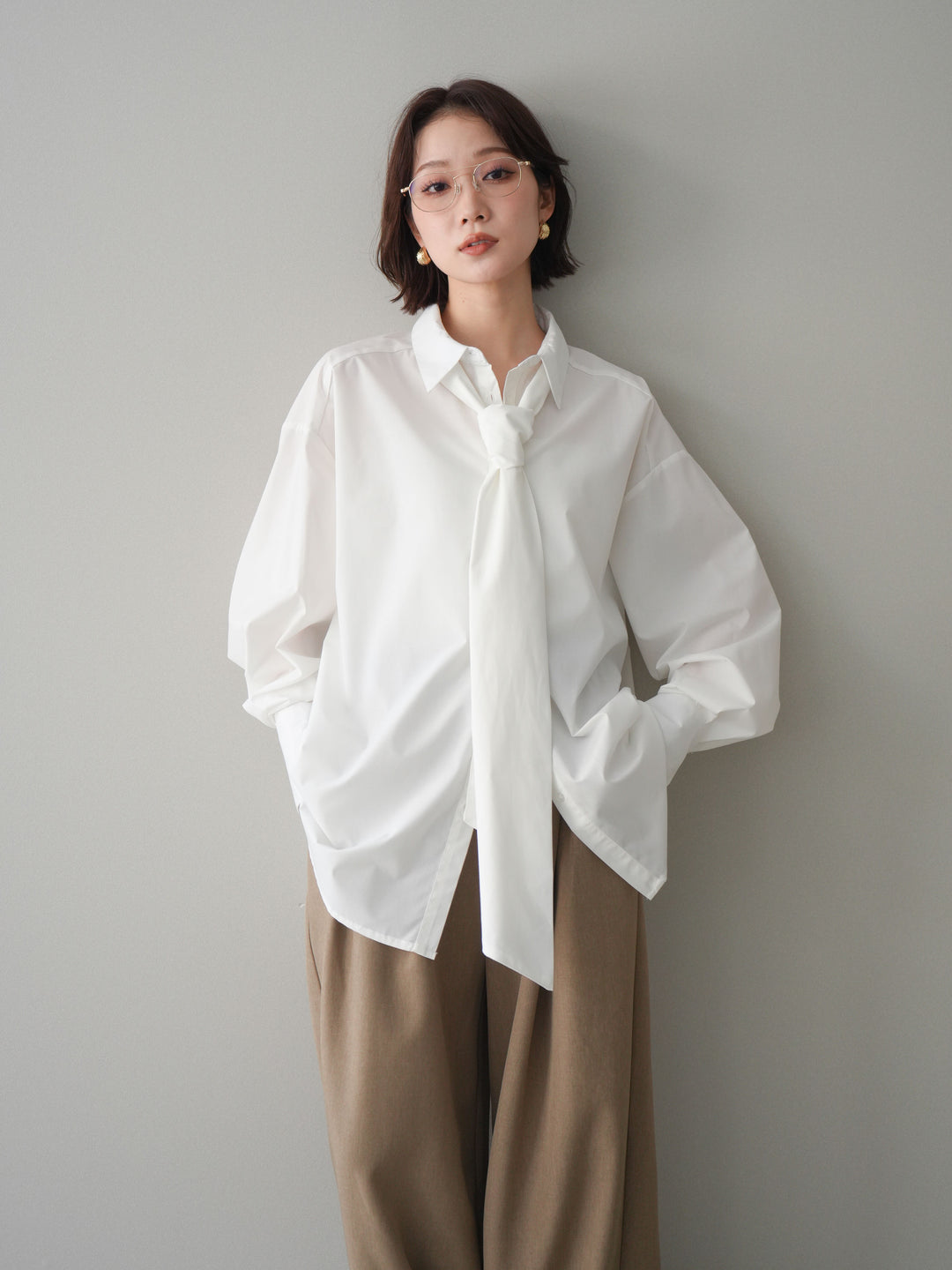 [予約]ボウタイ付オーバーシャツ/white