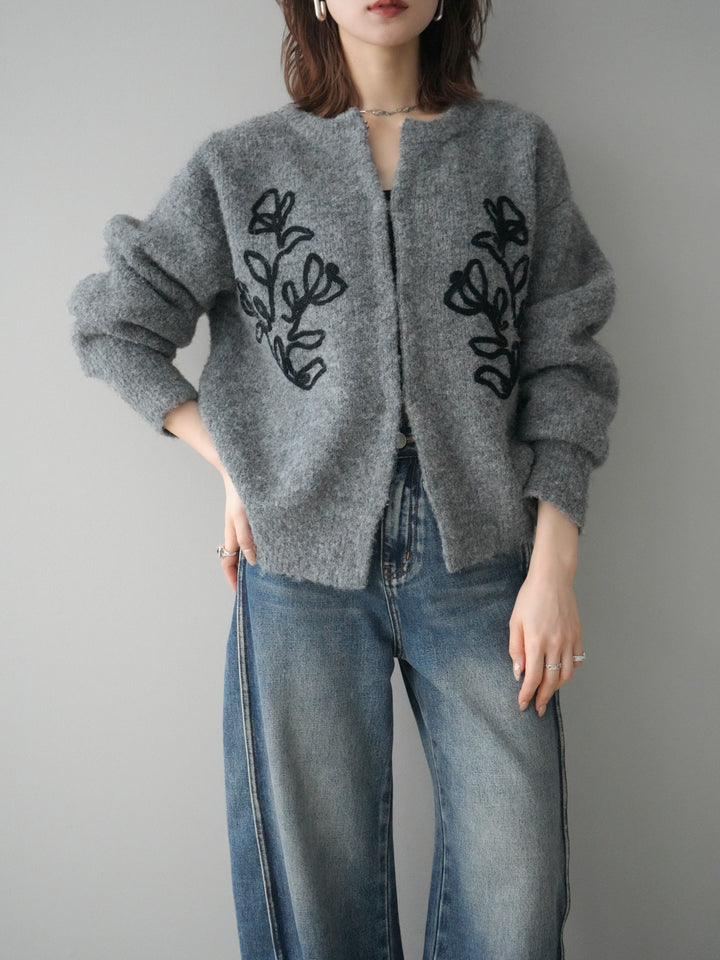 [予約]テープ刺繍ホック開きブークレニットカーディガン/mokugray