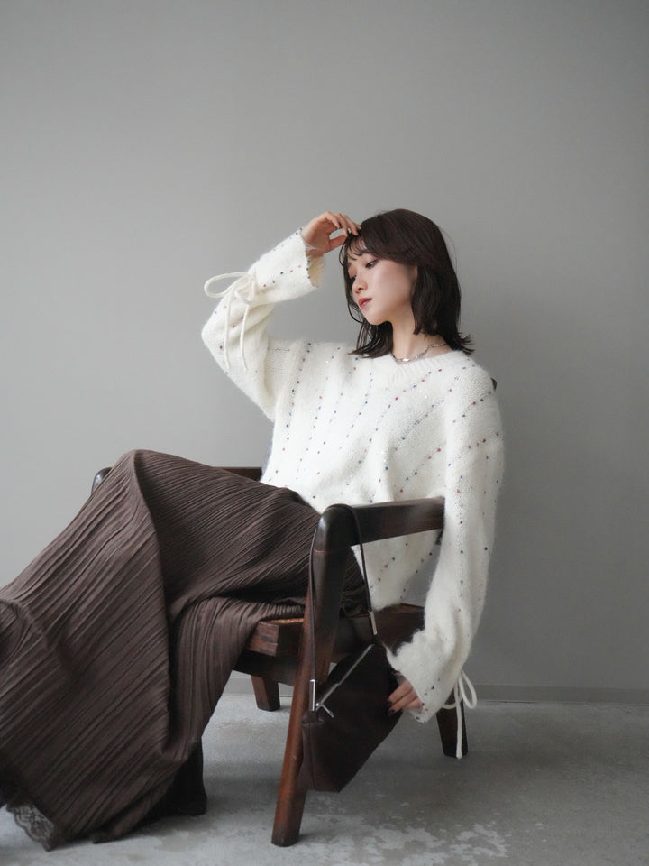 [予約]キャンディースリーブカラーネップスパンコールニットプルオーバー/white