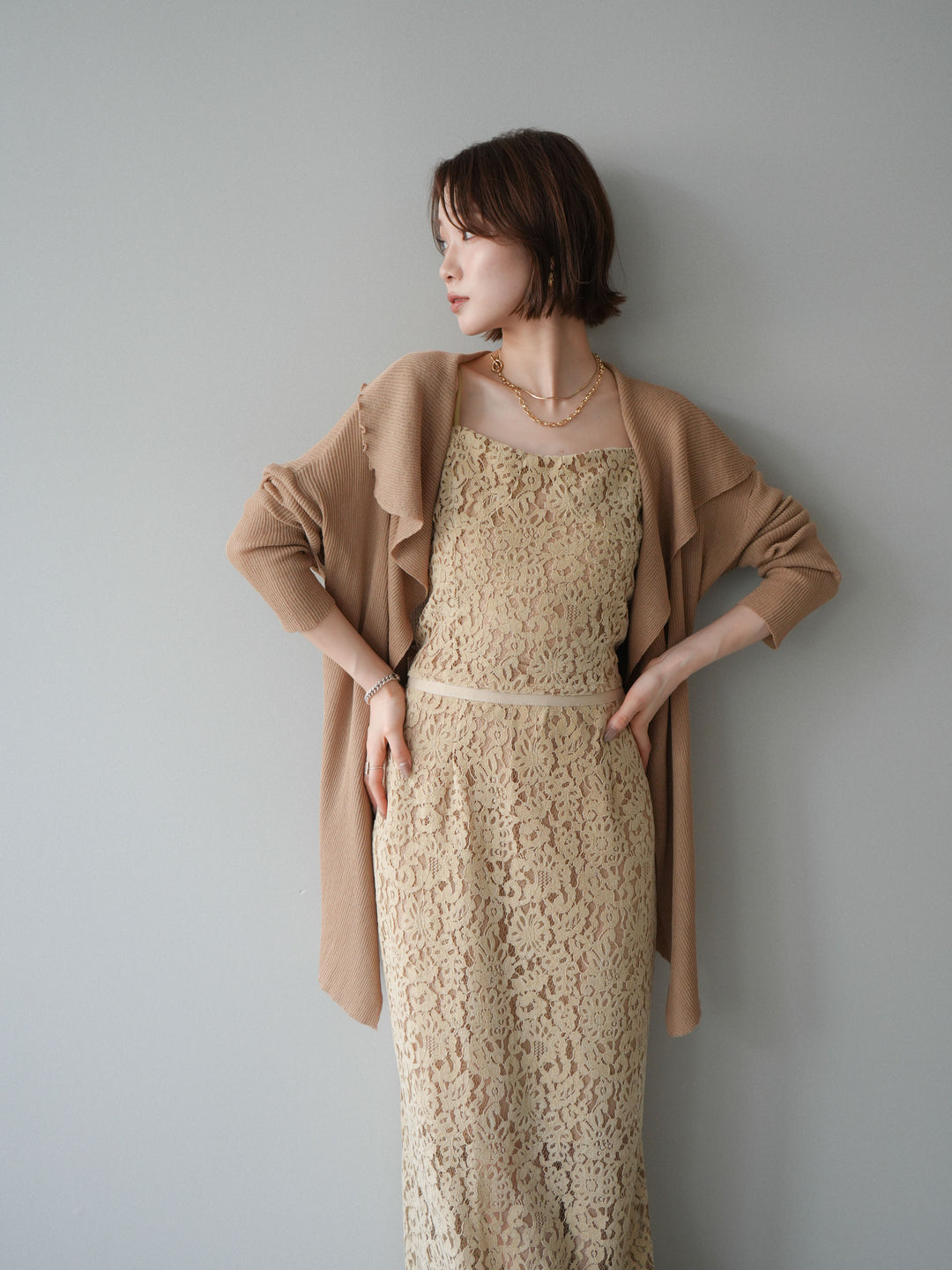 [SET]ドレープリブニットガウン+フルレースキャミ＆IラインスカートSET UP(2set)