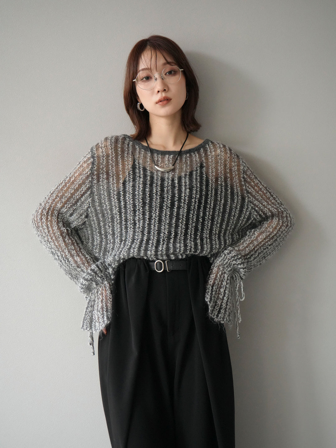 [予約]ストライプメッシュニットプルオーバー/グレー