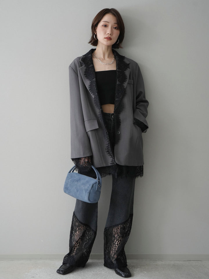 [予約]レース切替フレアデニムパンツ/black