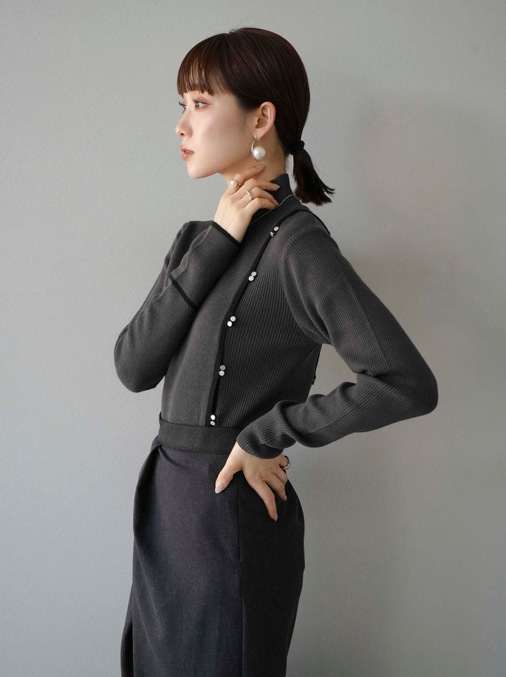 [預訂] 瓶頸配色設計紐扣針織上衣/炭灰