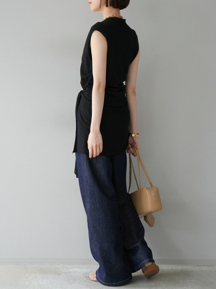 [SET]腰巻きデザインノースリーブニットカーディガン+ヒップデザインデニムパンツ(2set)