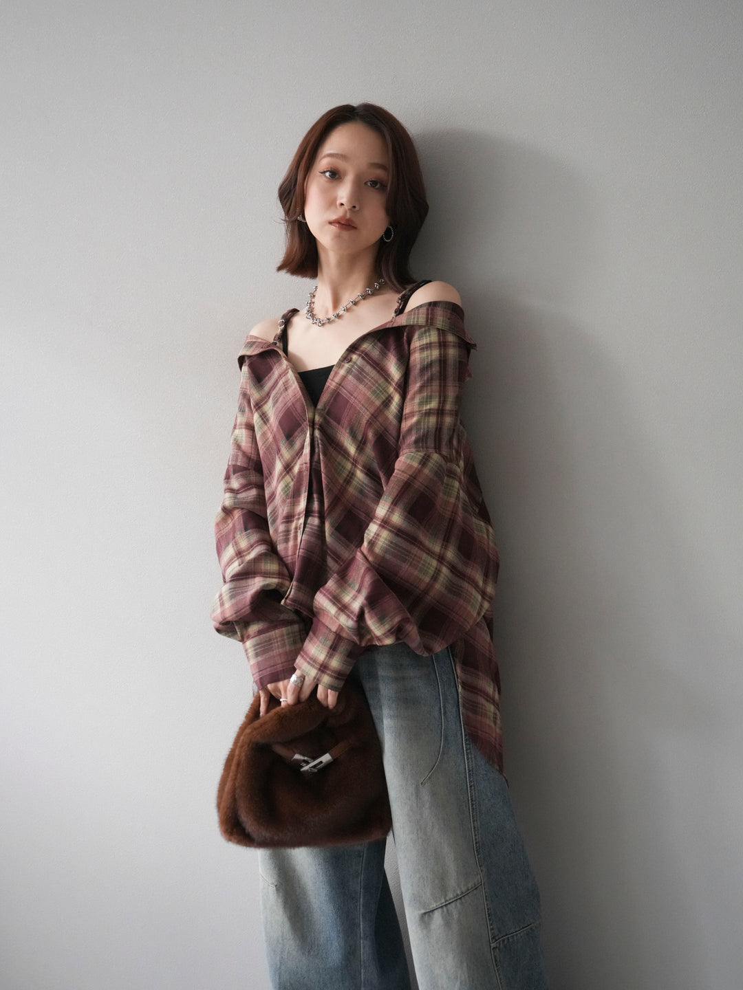 [予約]マルチウェイチェックシャツ/bordeauxbeige