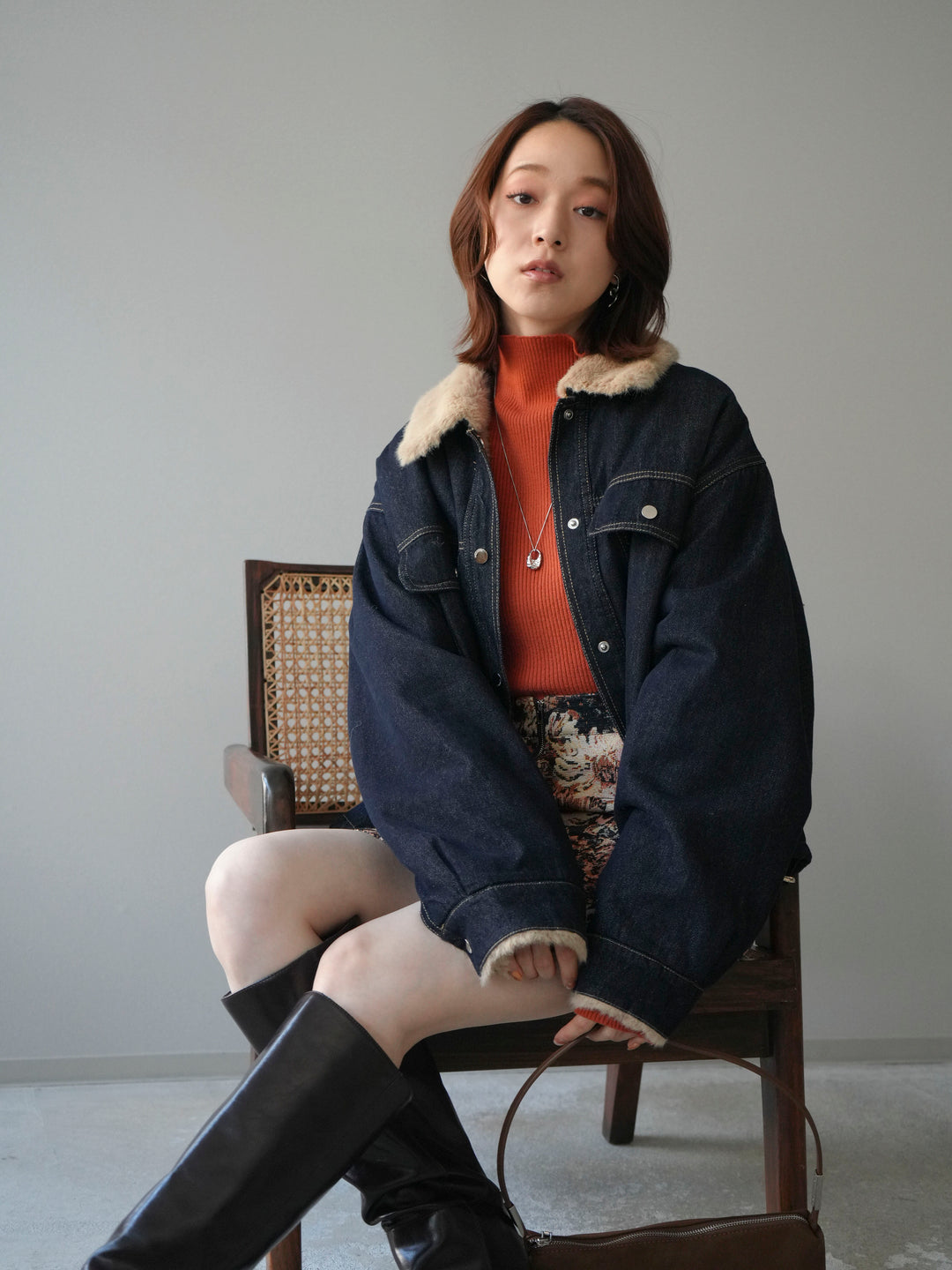 [予約]デニム×ファーステンカラーショートジャケット/indigo