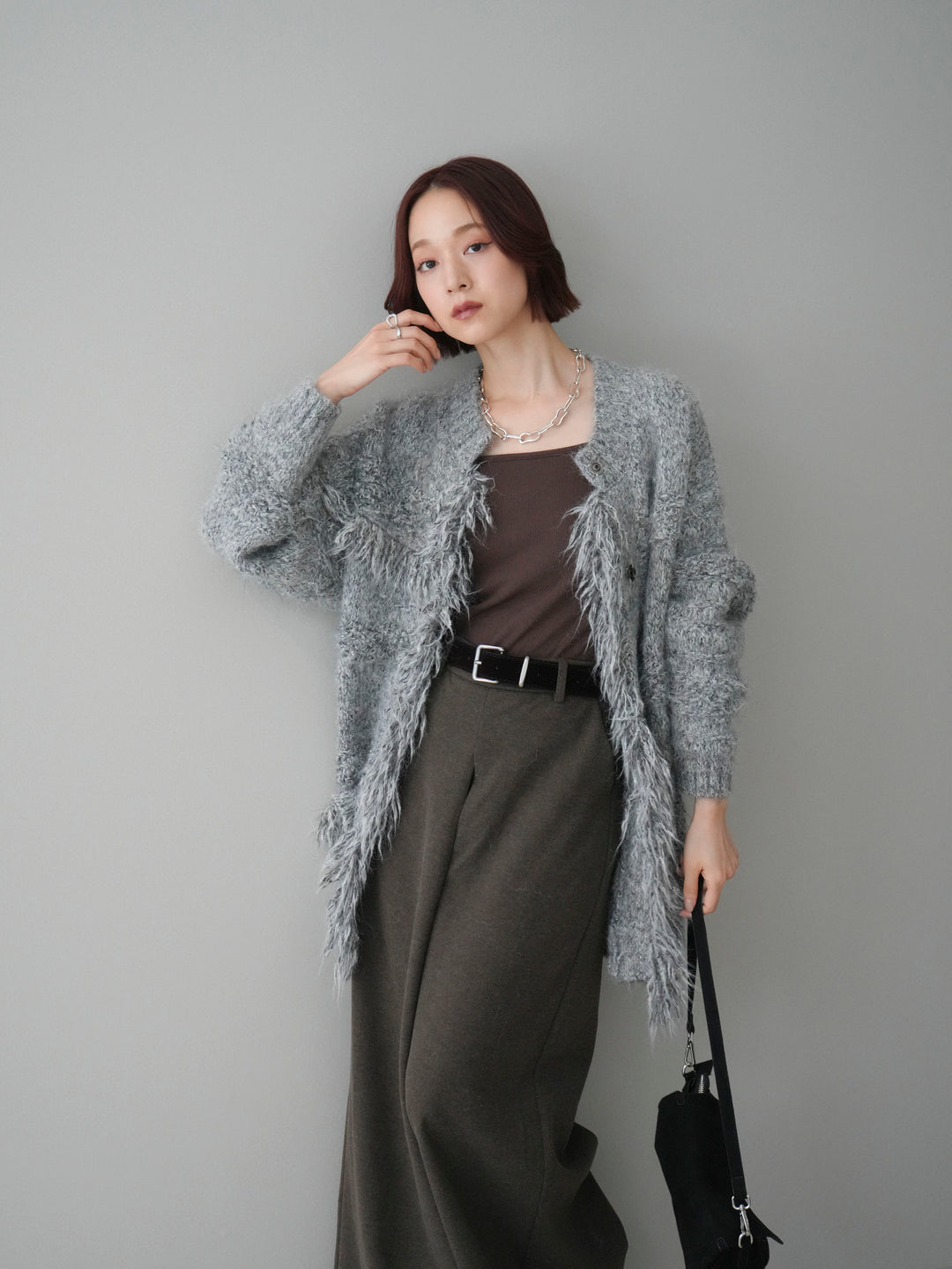 [SET]ミックスヤーンフリンジデザインニットジャケット+ストーンフォークリング(2set)