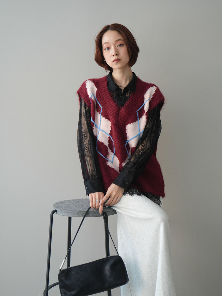 [SET]アーガイルVネックニットベスト+選べるアクセセット(2set)