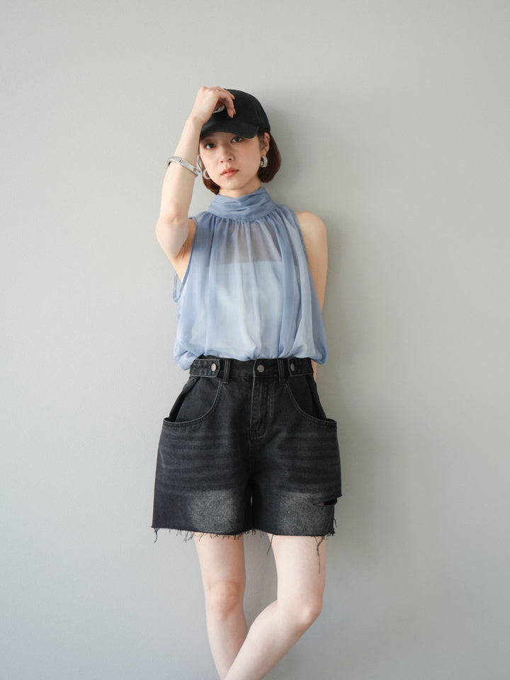 [予約]ニュアンスシアーホルターネックブラウス/ブルー