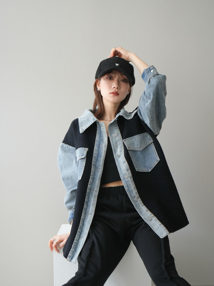 [予約]デニム襟ダブルフェイスニットカーディガン/black