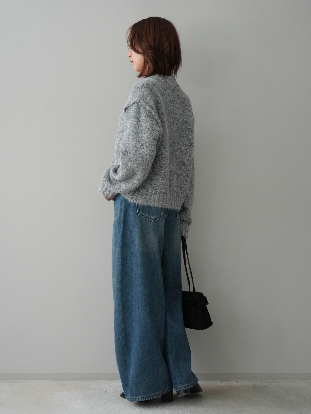 [SET]ミックスヤーンダブルZIPニットカーディガン+ベルト付裏起毛カーブデニムパンツ(2set)