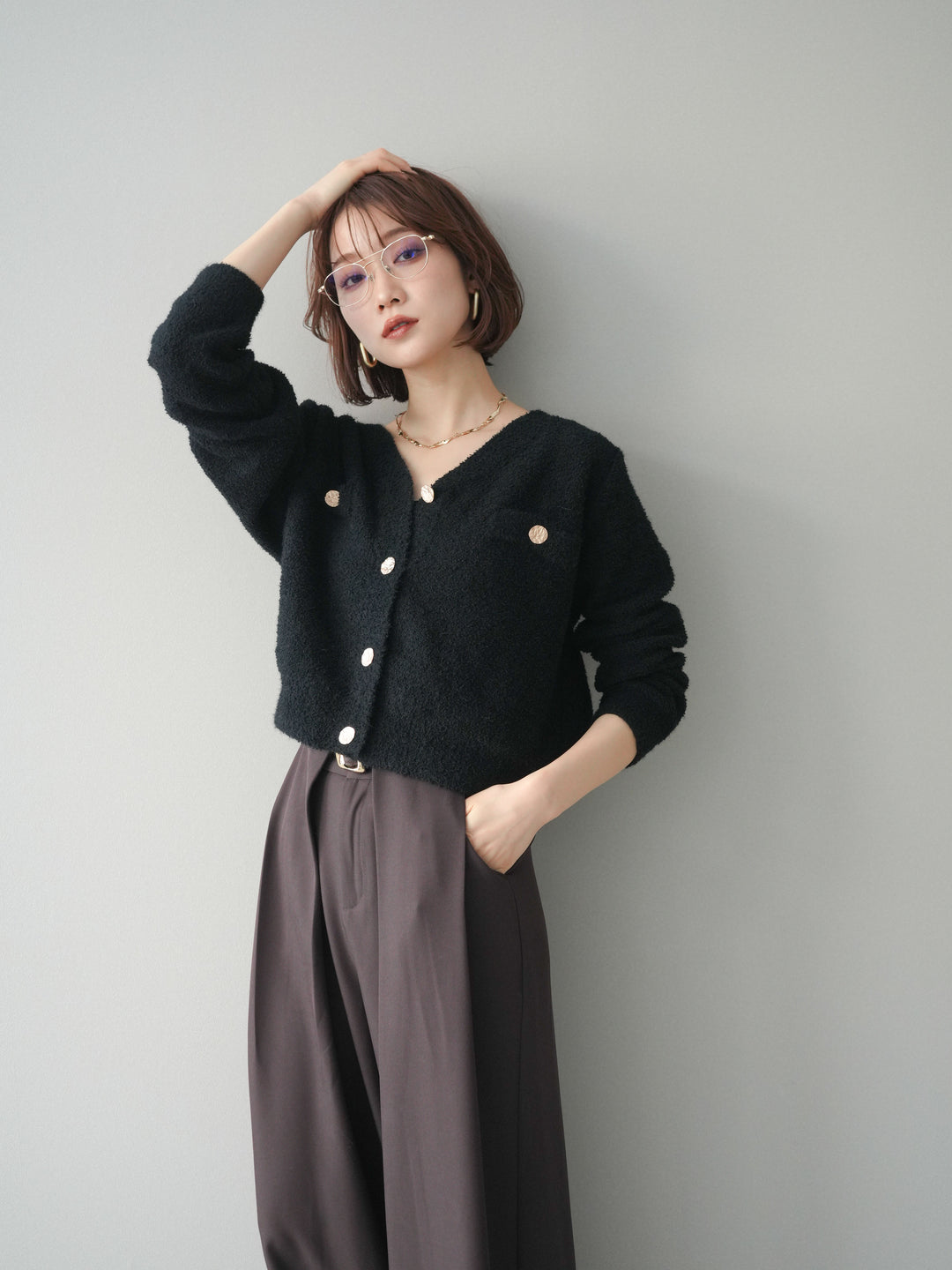 [SET]ゴールドボタンモールニットカーディガン+ベルトループデザインワイドパンツ(2set)