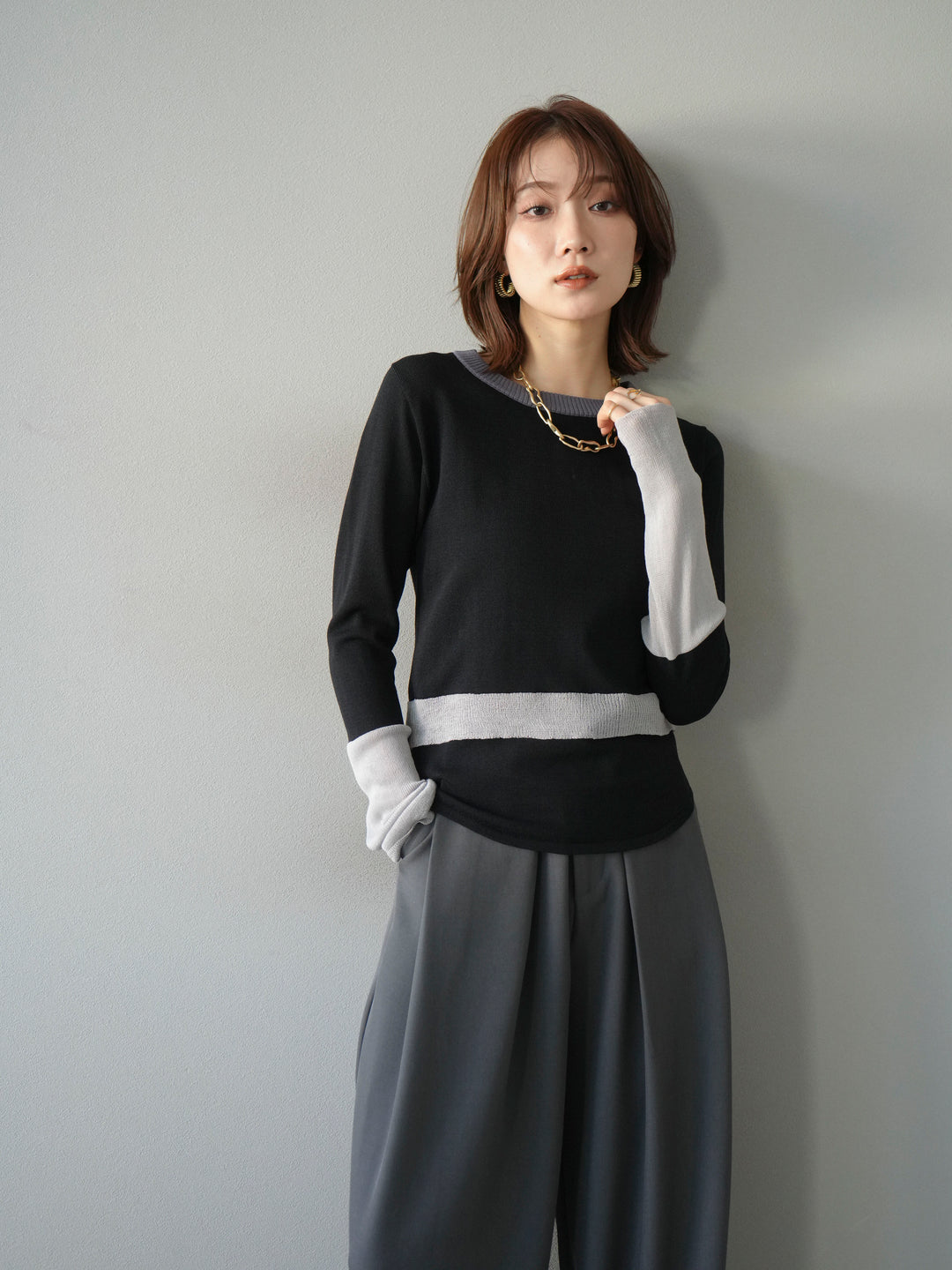 [予約]異素材配色デザインニットトップス/ブラック