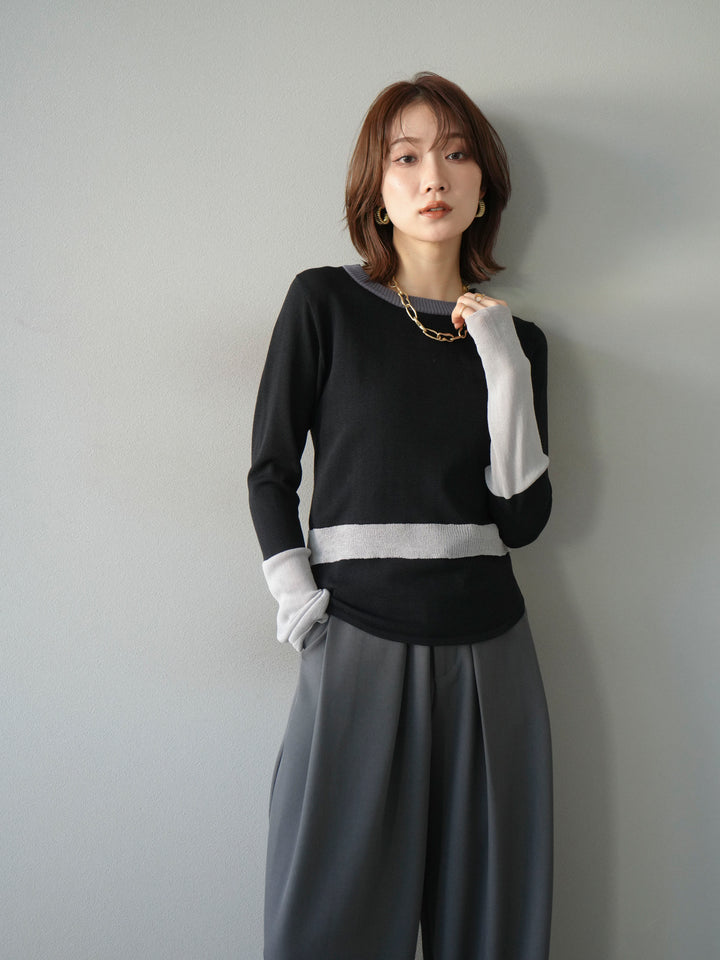 [予約]異素材配色デザインニットトップス/ブラック
