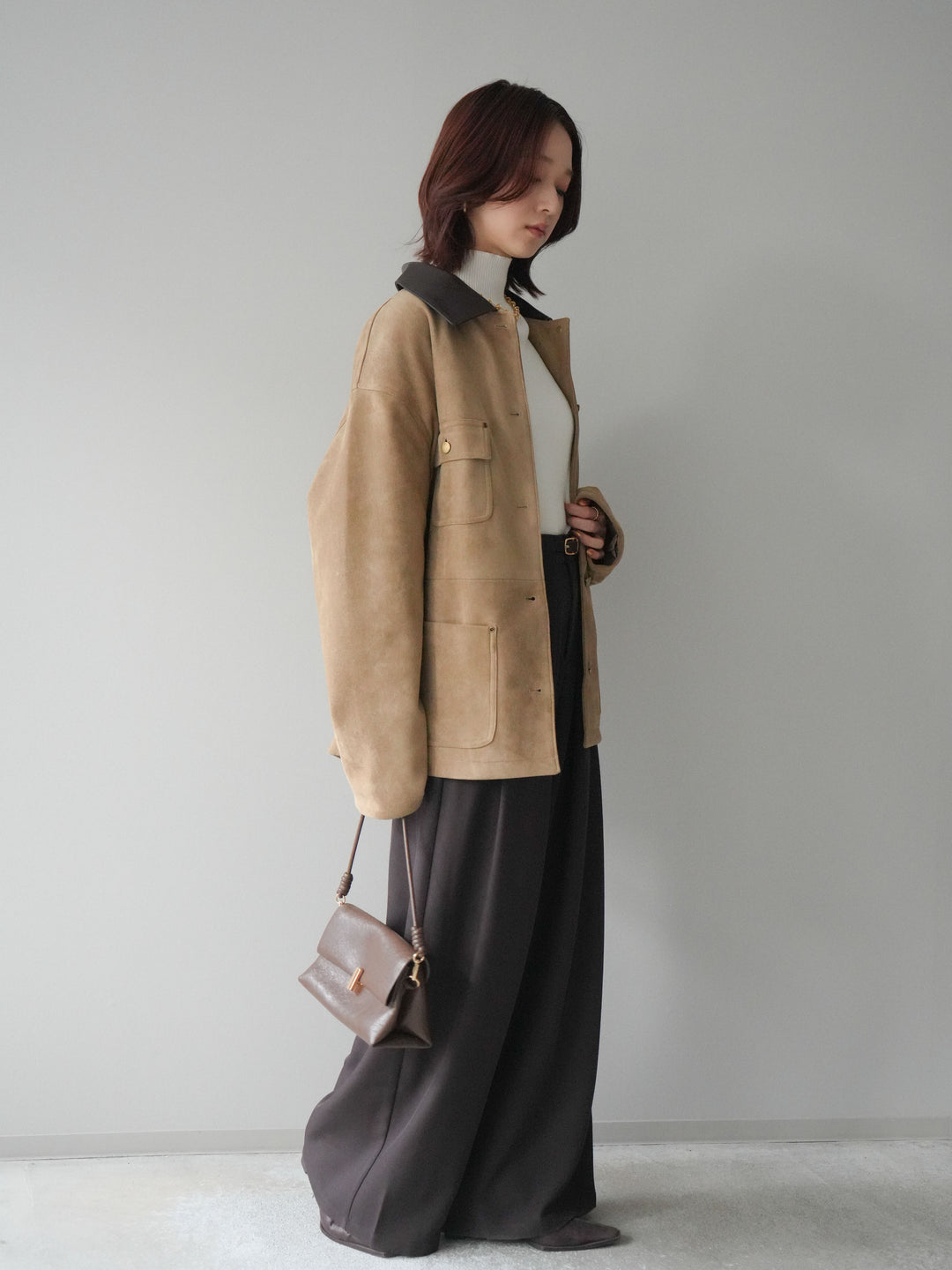 [SET]襟レザーステンカラースエードジャケット+袖ボタンボトルネックリブニットトップス+ベルトループデザインワイドパンツ(3set)