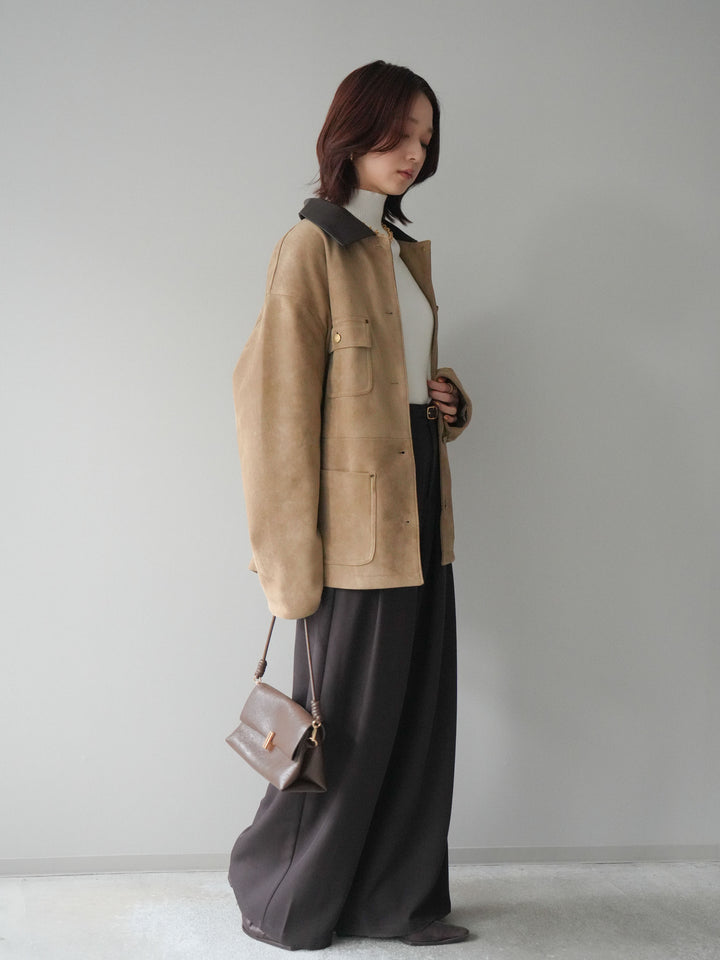 [SET]襟レザーステンカラースエードジャケット+袖ボタンボトルネックリブニットトップス+ベルトループデザインワイドパンツ(3set)