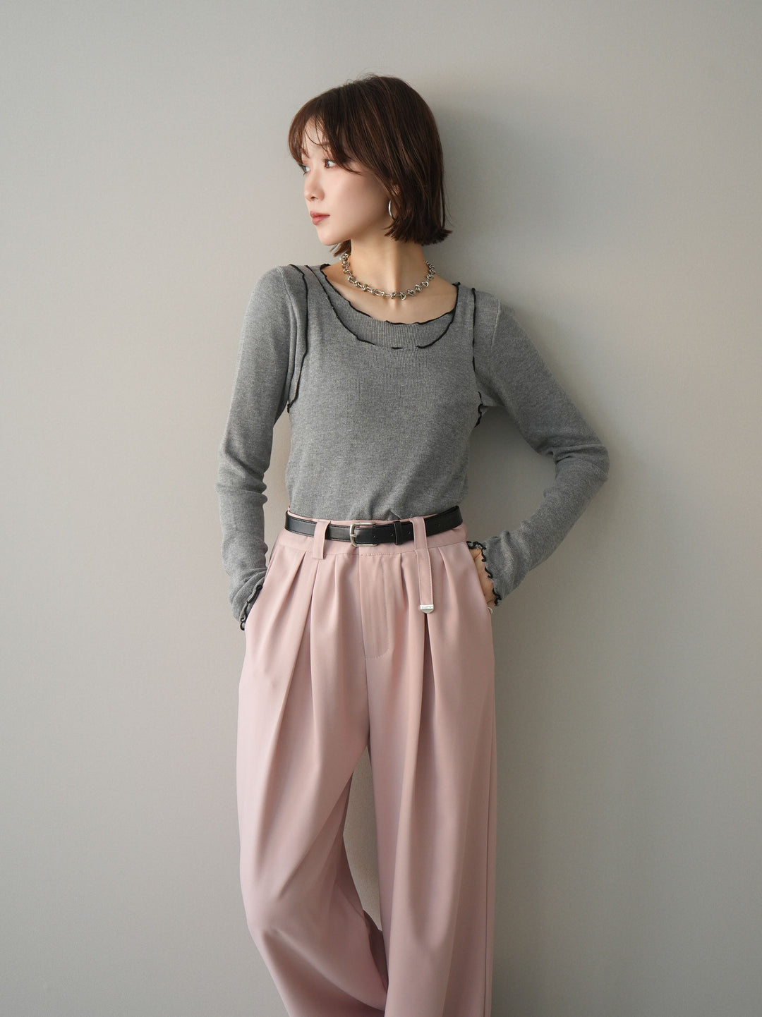 [予約]バイカラーメローアンサンブルシアーニットトップス/gray