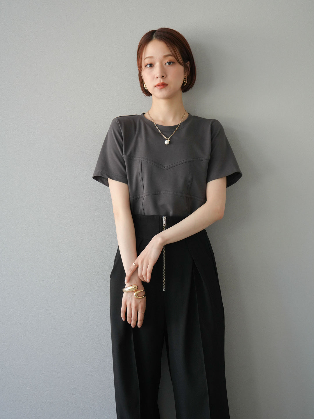 [SET]ビスチェデザインTシャツ+ジップタックワイドパンツ(2set)