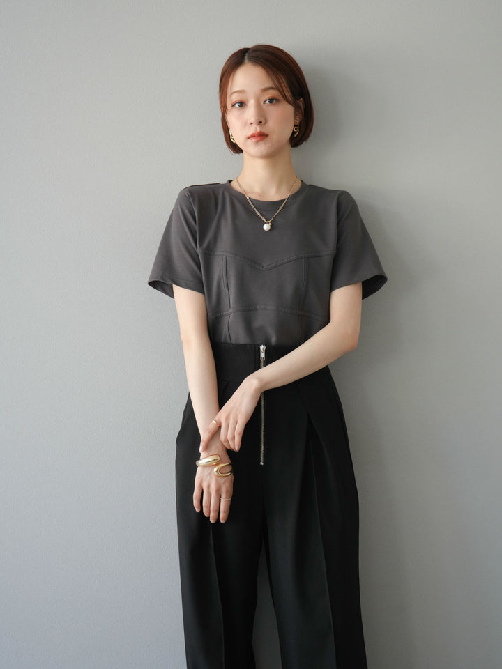 [SET]ビスチェデザインTシャツ+ジップタックワイドパンツ(2set)