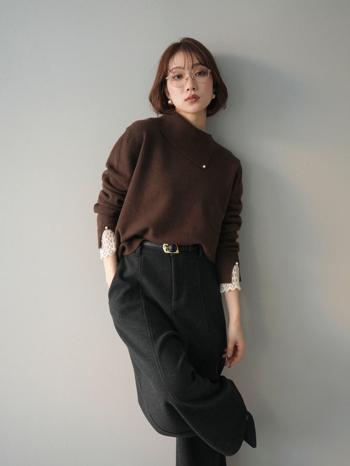 [SET]袖レースパール付き配色ニットトップス+ウールタッチカーブパンツ(2set)