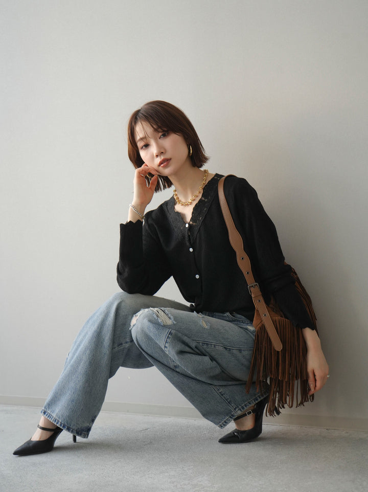 [SET]レースネックジャガードニットカーディガン+ダメージデニムセミワイドパンツ(2set)